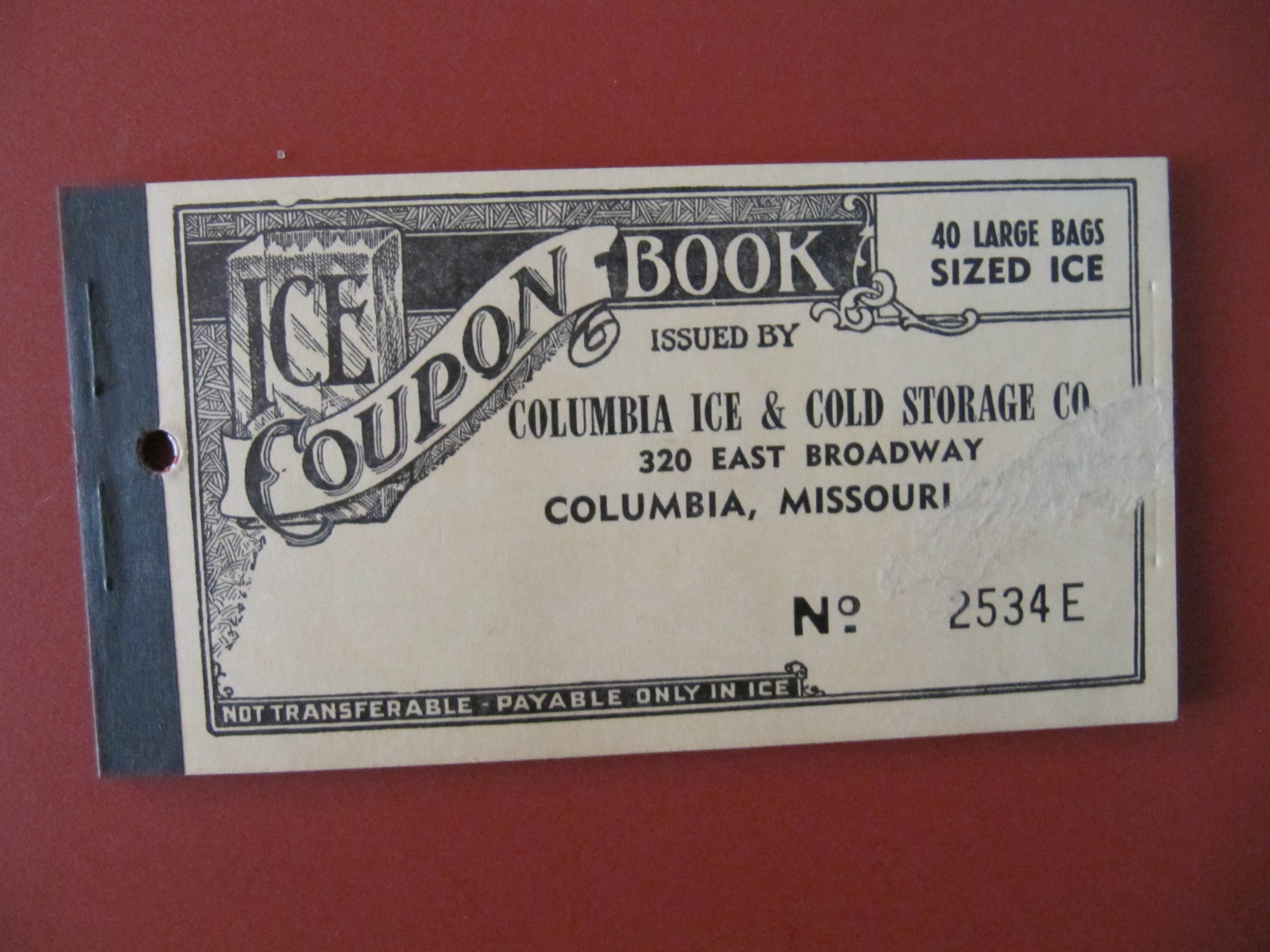 VTG 1940's 'ICE Coupon Book "Columbia Ice & Cold Storage Missouri 40 Medium Bags 